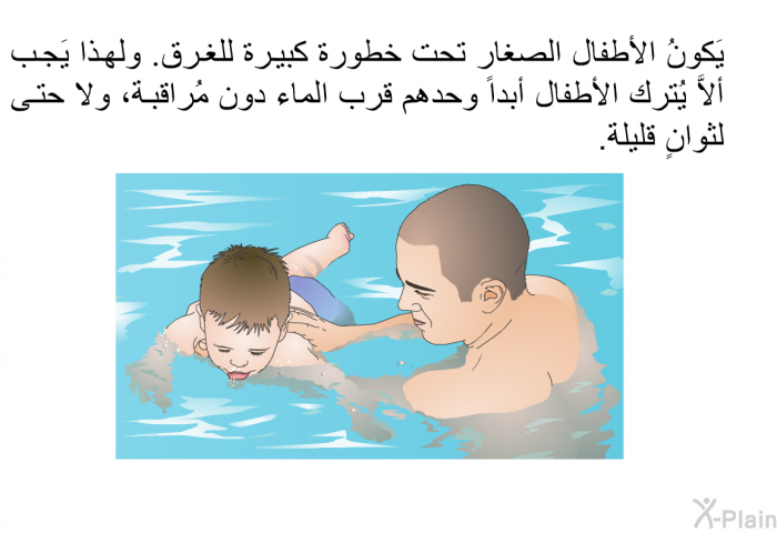يَكونُ الأطفال الصغار تحت خطورة كبيرة للغرق. ولهذا يَجب ألاَّ يُترك الأطفال أبداً وحدهم قرب الماء دون مُراقبة، ولا حتى لثوانٍ قليلة.