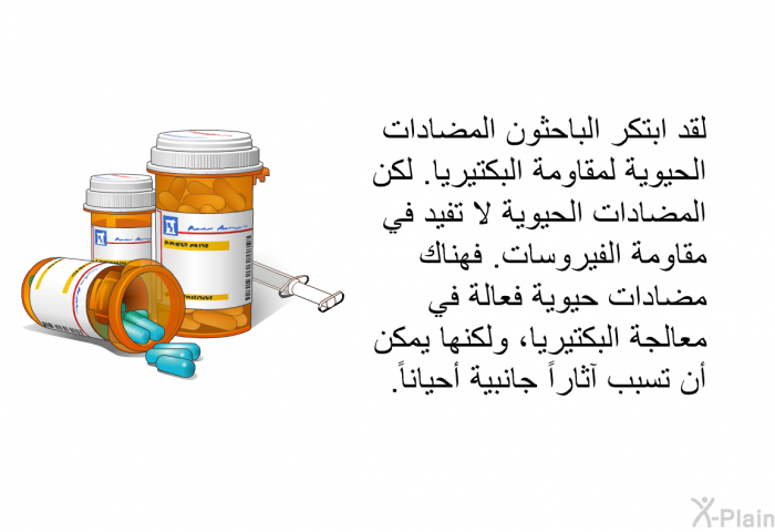 لقد ابتكر الباحثون المضادات الحيوية لمقاومة البكتيريا. لكن المضادات الحيوية لا تفيد في مقاومة الفيروسات. فهناك مضادات حيوية فعالة في معالجة البكتيريا، ولكنها يمكن أن تسبب آثاراً جانبية أحياناً.