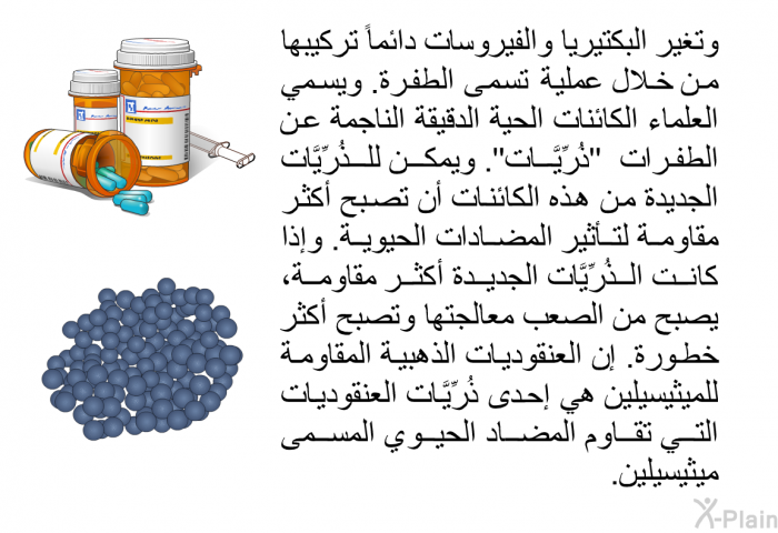 وتغير البكتيريا والفيروسات دائماً تركيبها من خلال عملية تسمى الطفرة. ويسمي العلماء الكائنات الحية الدقيقة الناجمة عن الطفرات "ذُرِّيَّات". ويمكن للذُرِّيَّات الجديدة من هذه الكائنات أن تصبح أكثر مقاومة لتأثير المضادات الحيوية. وإذا كانت الذُرِّيَّات الجديدة أكثر مقاومة، يصبح من الصعب معالجتها وتصبح أكثر خطورة. إن العنقوديات الذهبية المقاومة للميثيسيلين هي إحدى ذُرِّيَّات العنقوديات التي تقاوم المضاد الحيوي المسمى ميثيسيلين.