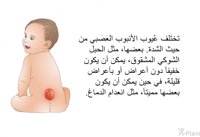 تختلف عُيوب الأنبوب العَصَبي من حيث الشدة. بعضها، مثل الحبل الشوكي المشقوق، يمكن أن يكون خفيفاً دون أعراض أو بأعراض قليلة، في حين يمكن أن يكون بعضها مميتاً، مثل انعدام الدماغ.