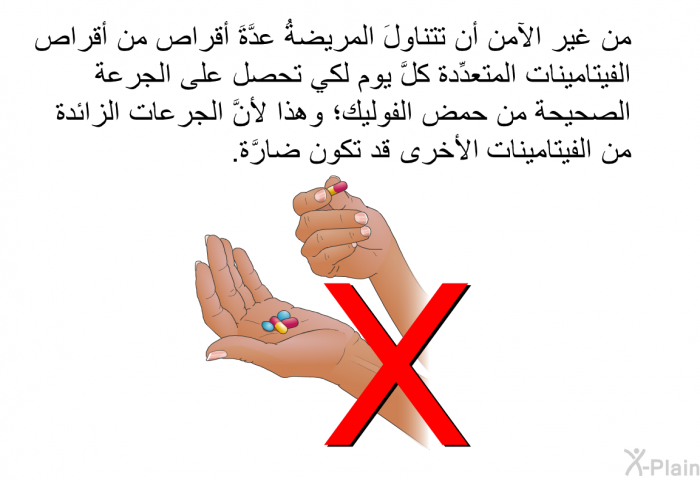 من غير الآمن أن تتناولَ المريضةُ عدَّةَ أقراص من أقراص الفيتامينات المتعدِّدة كلَّ يوم لكي تحصل على الجرعة الصحيحة من حمض الفوليك؛ وهذا لأنَّ الجرعات الزائدة من الفيتامينات الأخرى قد تكون ضارَّة.