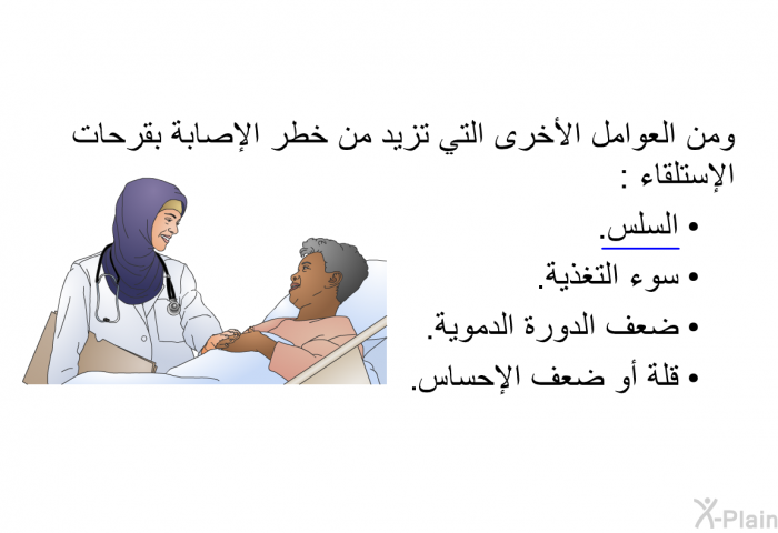 ومن العوامل الأخرى التي تزيد من خطر الإصابة بقرحات الإستلقاء :  السلس. سوء التغذية. ضعف الدورة الدموية. قلة أو ضعف الإحساس.