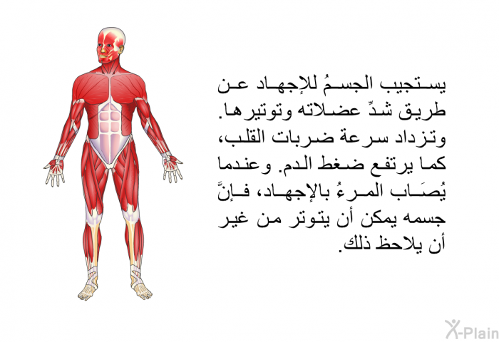 يستجيب الجسمُ للإجهاد عن طريق شدِّ عضلاته وتوتيرها. وتزداد سرعة ضربات القلب، كما يرتفع ضغط الدم. وعندما يُصَاب المرءُ بالإجهاد، فإنَّ جسمه يمكن أن يتوتر من غير أن يلاحظ ذلك.