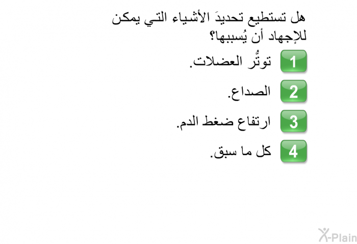 هل تستطيع تحديدَ الأشياء التي يمكن للإجهاد أن يُسببها؟  توتُّر العضلات. الصداع. ارتفاع ضغط الدم. كل ما سبق.