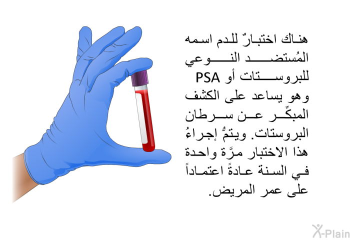 هناك اختبارٌ للدم اسمه المُستَضد النوعي للبروستات، أو PSA، وهو يساعد على الكشف المبكِّر عن سرطان البروستات. ويتمُّ إجراءُ هذا الاختبار مرَّة واحدة في السنة عادةً اعتماداً على عمر المريض.