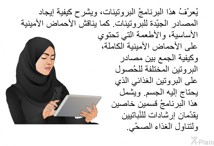 تعرِّفُ هذه المعلومات الصحية البروتينات، وتشرح كيفية إيجاد المصادر الجيِّدة للبروتينات. كما تناقش الأحماض الأمينية الأساسية، والأطعمة التي تحتوي على الأحماض الأمينية الكاملة، وكيفية الجمع بين مصادر البروتين المختلفة للحُصول على البروتين الغذائي الذي يحتاج إليه الجسم. وتشمل هذه المعلومات الصحية قسمين خاصين يقدِّمان إرشادات للنَّباتيين ولتناول الغذاء الصحِّي.