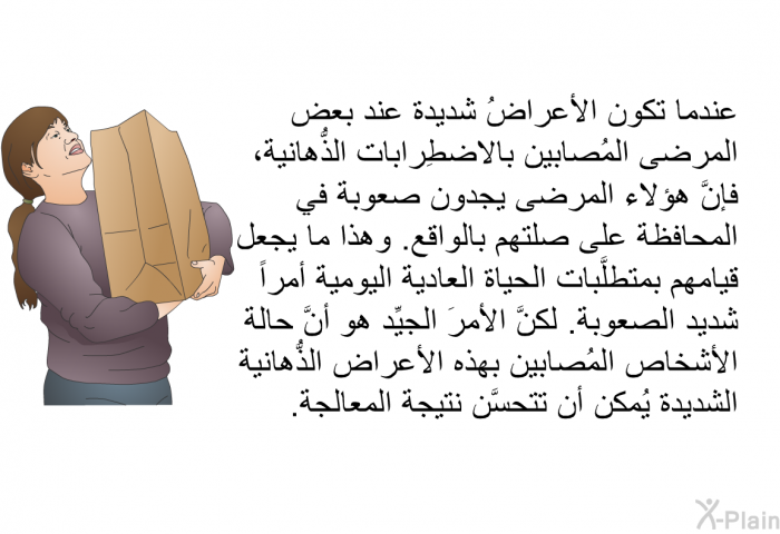 عندما تكون الأعراضُ شديدة عند بعض المرضى المُصابين بالاضطِرابات الذُّهانية، فإنَّ هؤلاء المرضى يجدون صعوبة في المحافظة على صلتهم بالواقع. وهذا ما يجعل قيامهم بمتطلَّبات الحياة العادية اليومية أمراً شديد الصعوبة. لكنَّ الأمرَ الجيِّد هو أنَّ حالة الأشخاص المُصابين بهذه الأعراض الذُّهانية الشديدة يُمكن أن تتحسَّن نتيجة المعالجة.