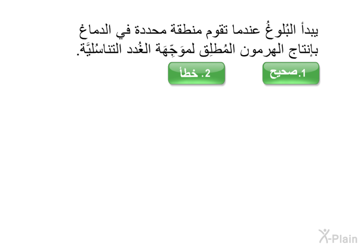 يبدأ البُلوغُ عندما تقوم منطقة محددة في الدماغ بإنتاج الهرمون المُطلِق لموَجِّهَة الغُدد التناسُليَّة.