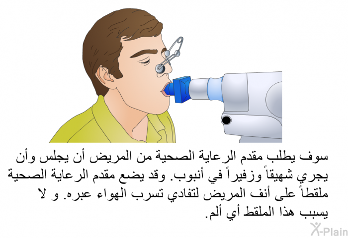 سوف يطلب مقدم الرعاية الصحية من المريض أن يجلس وأن يجري شهيقاً وزفيراً في أنبوب. وقد يضع مقدم الرعاية الصحية ملقطاً على أنف المريض لتفادي تسرب الهواء عبره. و لا يسبب هذا الملقط أي ألم.