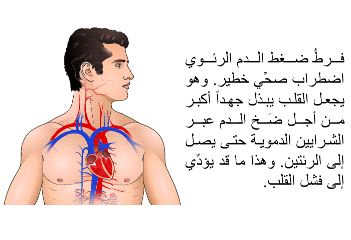 فرطُ ضغط الدم الرئوي اضطراب صحِّي خطير. وهو يجعل القلب يبذل جهداً أكبر من أجل ضَخ الدم عبر الشرايين الدموية حتى يصل إلى الرئتين. وهذا ما قد يؤدِّي إلى فشل القلب.