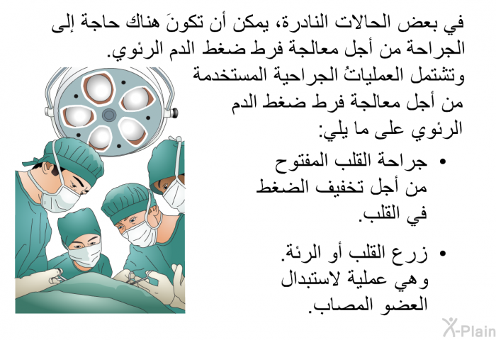 في بعض الحالات النادرة، يمكن أن تكونَ هناك حاجة إلى الجراحة من أجل معالجة فرط ضغط الدم الرئوي. وتشتمل العملياتُ الجراحية المستخدمة من أجل معالجة فرط ضغط الدم الرئوي على ما يلي:   جراحة القلب المفتوح من أجل تخفيف الضغط في القلب.  زرع القلب أو الرئة. وهي عملية لاستبدال العضو المصاب.