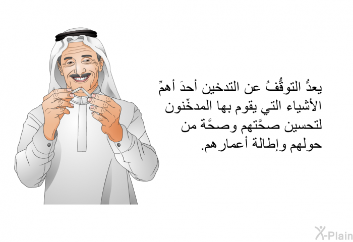 يعدُّ التوقُّفُ عن التدخين أحدَ أهمِّ الأشياء التي يقوم بها المدخِّنون لتحسين صحَّتهم وصحَّة من حولهم وإطالة أعمارهم.