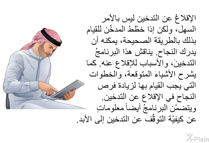 الإقلاعُ عن التدخين ليس بالأمر السهل، ولكن إذا خطَّط المدخِّن للقيام بذلك بالطريقة الصحيحة، يمكنه أن يدرك النجاح. تناقش هذه المعلوماتُ الصحية التدخينَ، والأسباب للإقلاع عنه. كما تشرح الأشياءَ المتوقعة، والخطوات التي يجب القيام بها لزيادة فرص النجاح في الإقلاع عن التدخين. وتتضمَّن أيضاً معلوماتٍ عن كيفيَّة التوقُّف عن التدخين إلى الأبد.