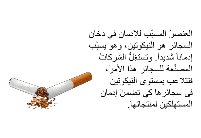 العنصرُ المسبِّب للإدمان في دخان السجائر هو النيكوتين، وهو يسبِّب إدماناً <B>شديداً</B>. وتستغِلُّ الشركاتُ المصنِّعة للسجائر هذا الأمرَ، فتتلاعب بمستوى النيكوتين في سجائرها كي تضمنَ إدمان المستهلكين لمنتجاتها.