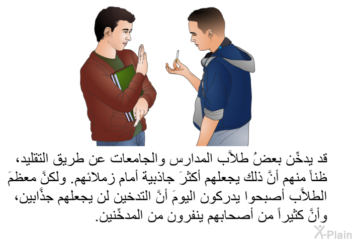 قد يدخِّن بعضُ طلاَّب المدارس والجامعات عن طريق التقليد، ظناً منهم أنَّ ذلك يجعلهم أكثرَ جاذبية أمام زملائهم. ولكنَّ معظمَ الطلاَّب أصبحوا يدركون اليومَ أنَّ التدخين لن يجعلهم جذَّابين، وأنَّ كثيراً من أصحابهم ينفرون من المدخِّنين.