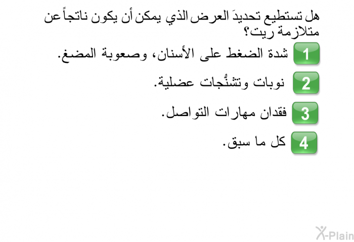 هل تستطيع تحديدَ العرض الذي يمكن أن يكون ناتجاً عن متلازمة ريت؟  شدة الضغط على الأسنان، وصعوبة المضغ. نوبات وتشنُّجات عضلية. فقدان مهارات التواصل. كل ما سبق.