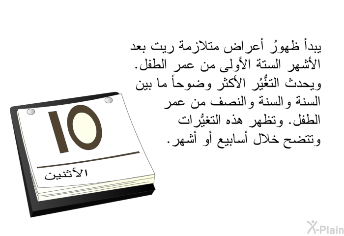 يبدأ ظهورُ أعراض متلازمة ريت بعد الأشهر الستة الأولى من عمر الطفل. ويحدث التغُّيُر الأكثر وضوحاً ما بين السنة والسنة والنصف من عمر الطفل. وتظهر هذه التغيُّرات وتتضح خلال أسابيع أو أشهر.