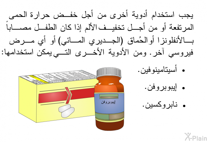 يجب استخدام أدوية أخرى من أجل خفض حرارة الحمى المرتفعة أو من أجل تخفيف الألم إذا كان الطفل مصاباً بالأنفلونزا أو الحُماق (الجديري المائي) أو أي مرض فيروسي آخر. ومن الأدوية الأخرى التي يمكن استخدامها:  أسيتامينوفين. إيبوبروفن. نابروكسين.