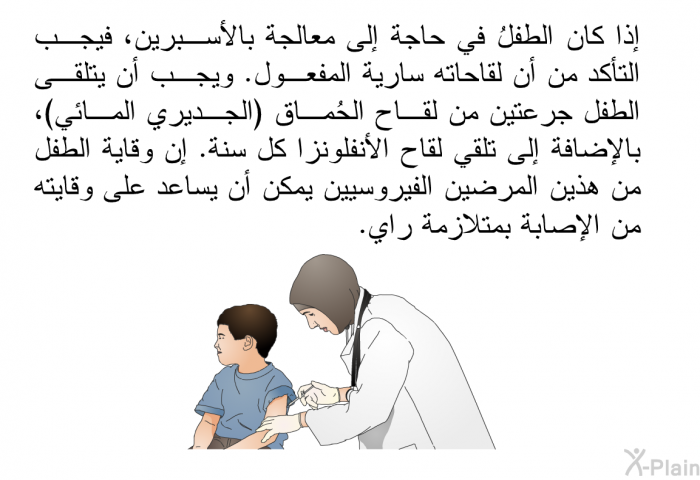إذا كان الطفلُ في حاجة إلى معالجة بالأسبرين، فيجب التأكد من أن لقاحاته سارية المفعول. ويجب أن يتلقى الطفل جرعتين من لقاح الحُماق (الجديري المائي)، بالإضافة إلى تلقي لقاح الأنفلونزا كل سنة. إن وقاية الطفل من هذين المرضين الفيروسيين يمكن أن يساعد على وقايته من الإصابة بمتلازمة راي.