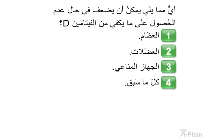 أيٌّ مما يلي يمكنُ أن يضعفَ في حال عدم الحُصول على ما يكفي من الفيتامين D؟   العظام.  العضَلات.  الجهاز المناعي.  كلّ ما سَبق.