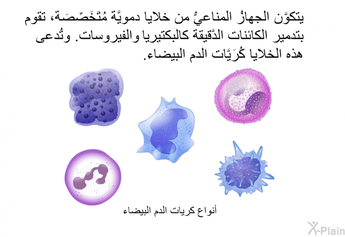 يتكوَّن الجهازُ المناعيُّ من خلايا دمويَّة مُتَخَصِّصَة، تقوم بتدمير الكائنات الدَّقيقة كالبكتيريا والفيروسات. وتُدعى هذه الخلايا كُرَيَّات الدم البيضاء.