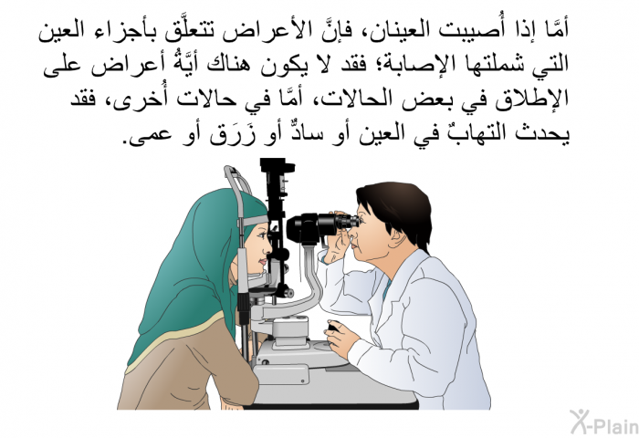 أمَّا إذا أُصيبت العينان، فإنَّ الأعراض تتعلَّق بأجزاء العين التي شملتها الإصابة؛ فقد لا يكون هناك أيَّةُ أعراض على الإطلاق في بعض الحالات، أمَّا في حالات أُخرى، فقد يحدث التهابٌ في العين أو سادٌّ أو زَرَق أو عمى.