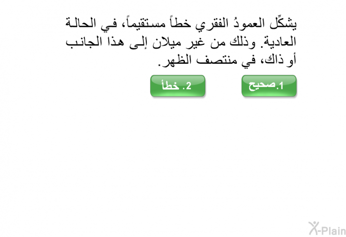 يشكِّل العمودُ الفقري خطاً مستقيماً، في الحالة العادية. وذلك من غير ميلان إلى هذا الجانب أو ذاكفي منتصف الظهر.