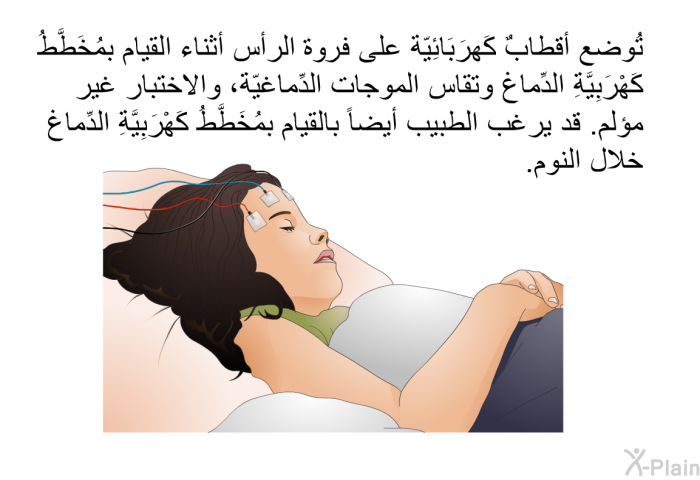 تُوضع أقطابٌ كَهرَبَائِيّة على فروة الرأس أثناء القيام بمُخَطَّطُ كَهْرَبِيَّةِ الدِّماغ وتقاس الموجات الدِّماغيّة، والاختبار غير مؤلم. قد يرغب الطبيب أيضاً بالقيام بمُخَطَّطُ كَهْرَبِيَّةِ الدِّماغ خلال النوم.