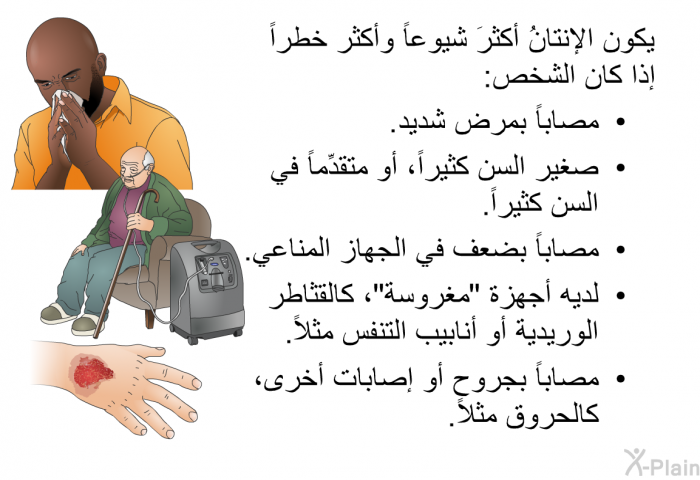 يكون الإنتانُ أكثرَ شيوعاً وأكثر خطراً إذا كان الشخص:  مصاباً بمرض شديد. صغير السن كثيراً، أو متقدِّماً في السن كثيراً. مصاباً بضعف في الجهاز المناعي. لديه أجهزة "مغروسة"، كالقثاطر الوريدية أو أنابيب التنفس مثلاً. مصاباً بجروح أو إصابات أخرى، كالحروق مثلاً.