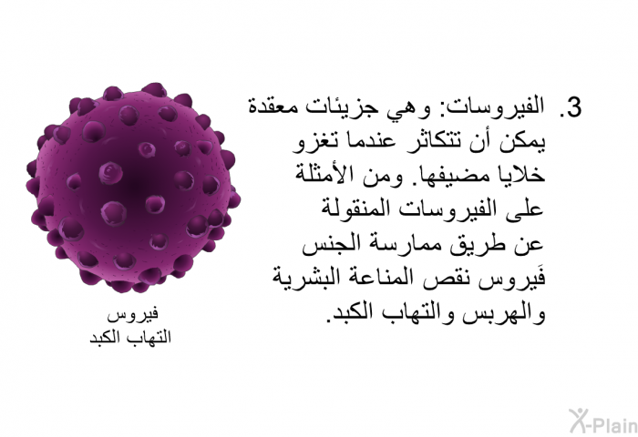الفيروسات: وهي جزيئات معقدة يمكن أن تتكاثر عندما تغزو خلايا مضيفها. ومن الأمثلة على الفيروسات المنقولة عن طريق ممارسة الجنس فَيروس نقص المناعة البشرية والهِرْبِس والتهاب الكبد.