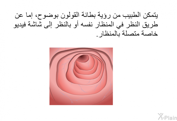 يتمكن الطبيب من رؤية بطانة القولون بوضوح، إما عن طريق النظر في المنظار نفسه أو بالنظر إلى شاشة فيديو خاصة متصلة بالمنظار.