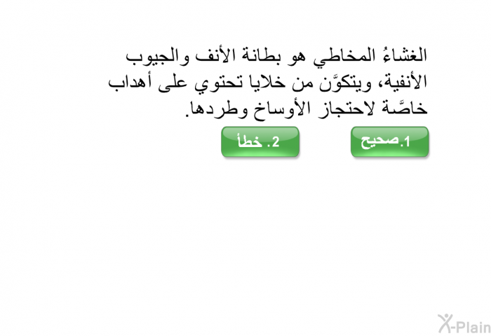 الغشاءُ المخاطي هو بطانة الأنف والجيوب الأنفية، ويتكوَّن من خلايا تحتوي على أهداب خاصَّة لاحتجاز الأوساخ وطردها.