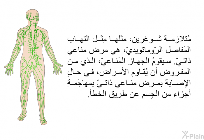 مُتلازمة شوغرين، مثلها مِثل التهاب المَفاصل الرّوماتويديّ، هي مرض مناعي ذاتيّ. سيقومُ الجهاز المَناعيّ، الذي من المفروض أن يُقاوم الأمراض، في حالِ الإصابة بمرض مناعي ذاتيّ بمهاجَمةِ أجزاء من الجِسم عن طريق الخطأ.