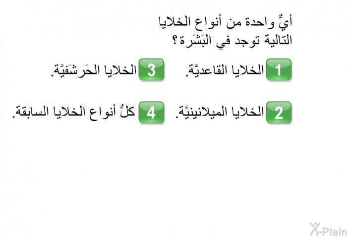 أيٌّ واحدة من أنواع الخلايا التالية توجد في البَشَرة؟  الخلايا القاعديَّة. الخلايا الميلانينيَّة. الخلايا الحَرشَفيَّة. كلُّ أنواع الخلايا السابقة.