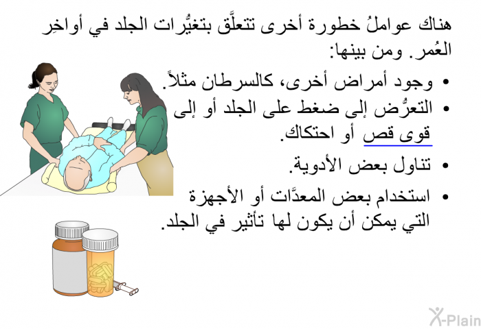 هناك عواملُ خطورة أخرى تتعلَّق بتغيُّرات الجلد في أواخِر العُمر. ومن بينها:   وجود أمراض أخرى، كالسرطان مثلاً.  التعرُّض إلى ضغط على الجلد أو إلى قوى قص أو احتكاك.  تناول بعض الأدوية.  استخدام بعض المعدَّات أو الأجهزة التي يمكن أن يكون لها تأثيرٌ في الجلد.