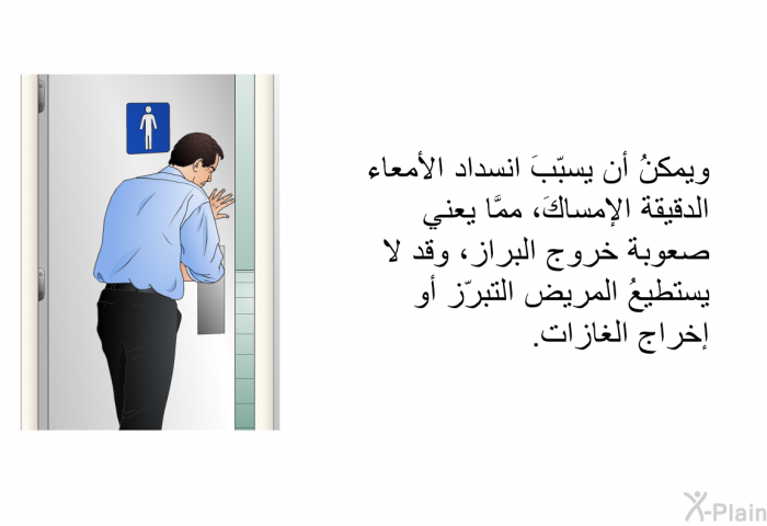 ويمكنُ أن يسبّبَ انسداد الأمعاء الدقيقة الإمساكَ، ممَّا يعني صعوبة خروج البراز، وقد لا يستطيعُ المريض التبرّز أو إخراج الغازات.