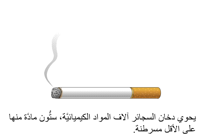 يحوي دخان السجائر آلاف المواد الكيميائيَّة، ستُّون مادَّة منها على الأقل مسرطنة.