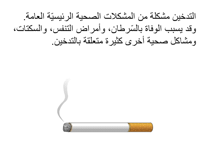 التّدخين مشكلة من المشكلات الصحّيّة الرئيسيّة العامة. وقد يسبب الوفاة بالسّرطان، وأمراض التّنفّس، و السّكتات، ومشاكل صحّيّة أخرى كثيرة متعلّقة بالتّدخين.