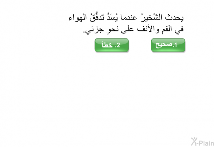 يحدث الشَّخيرُ عندما يُسَدُّ تَدفُّقُ الهواء في الفم والأنف على نحوٍ جزئي.