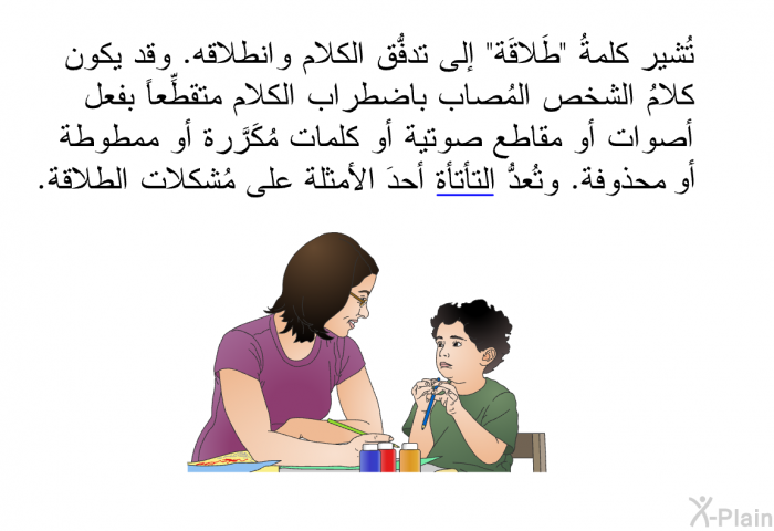 تُشير كلمةُ "طَلاقَة" إلى تدفُّق الكلام وانطلاقه. وقد يكون كلامُ الشخص المُصاب باضطراب الكلام متقطِّعاً بفعل أصوات أو مقاطع صوتية أو كلمات مُكَرَّرة أو ممطوطة أو محذوفة. وتُعدُّ التأتأة أحدَ الأمثلة على مُشكلات الطلاقة.