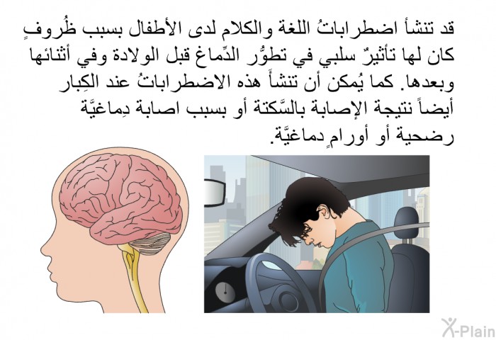 قد تنشأ اضطراباتُ اللغة والكلام لدى الأطفال بسبب ظُروفٍ كان لها تأثيرٌ سلبي في تطوُّر الدِّماغ قبل الولادة وفي أثنائها وبعدها. كما يُمكن أن تنشأَ هذه الاضطراباتُ عند الكِبار أيضاً نتيجة الإصابة بالسَّكتة أو بسبب اصابة دِماغيَّة رضحية أو أورامٍ دماغيَّة.