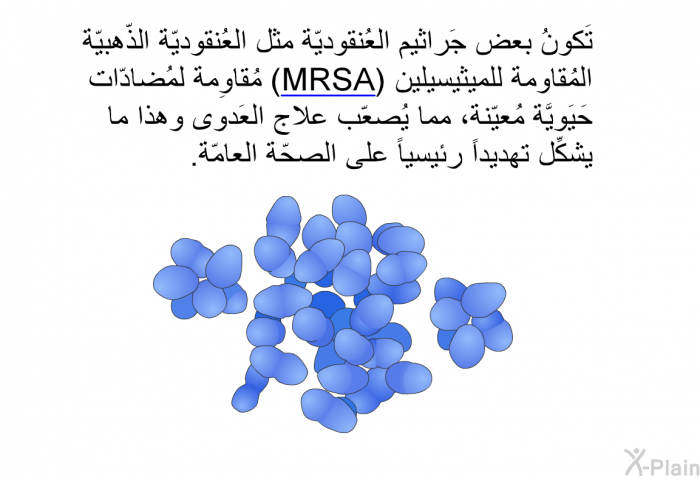 تَكونُ بعض جَراثيم العُنقوديّة مثل العُنقوديّة الذّهبيّة المُقاوِمة للميثيسيلين (MRSA) مُقاوِمة لمُضادّات حَيَويَّة مُعيّنة، مما يُصعّب علاج العَدوى وهذا ما يشكِّل تهديداً رئيسياً على الصحّة العامّة.