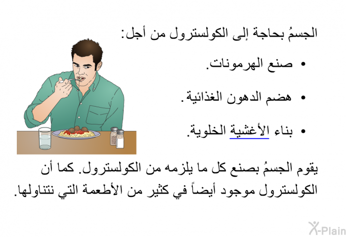 الجسمُ بحاجة إلى الكولسترول من أجل:  صنع الهرمونات. هضم الدهون الغذائية. بناء الأغشية الخلوية.

  يقوم الجسمُ بصنع كل ما يلزمه من الكولسترول. كما أن الكولسترول موجود أيضاً في كثير من الأطعمة التي نتناولها.