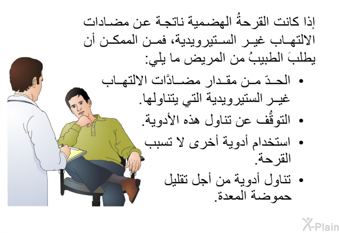 إذا كانت القرحةُ الهضمية ناتجة عن مضادات الالتهاب غير الستيرويدية، فمن الممكن أن يطلبَ الطبيبُ من المريض ما يلي:   الحدّ من مقدار مضادَّات الالتهاب غير الستيرويدية التي يتناولها.  التوقُّف عن تناول هذه الأدوية.  استخدام أدوية أخرى لا تسبب القرحة. تناول أدوية من أجل تقليل حموضة المعدة.