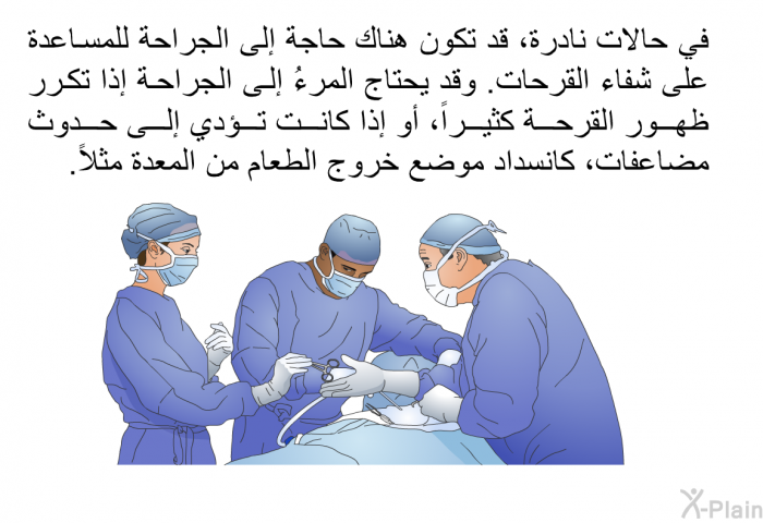 في حالات نادرة، قد تكون هناك حاجةٌ إلى الجراحة للمساعدة على شفاء القرحات. وقد يحتاج المرءُ إلى الجراحة إذا تكرر ظهور القرحة كثيراً، أو إذا كانت تؤدي إلى حدوث مضاعفات، كانسداد موضع خروج الطعام من المعدة مثلاً.