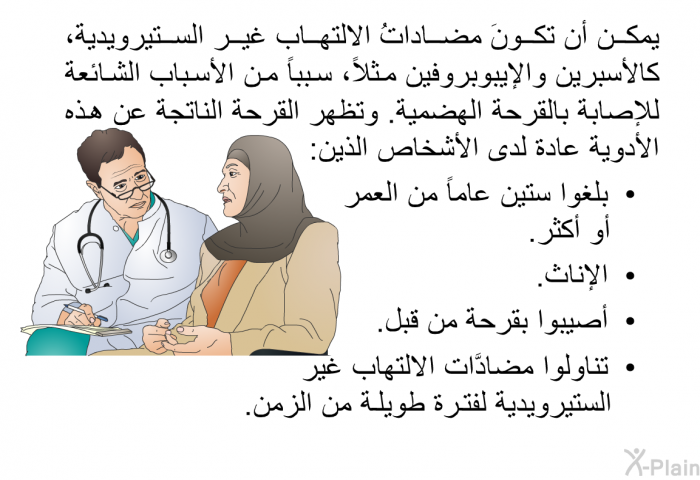 يمكن أن تكونَ مضاداتُ الالتهاب غير الستيرويدية، كالأسبرين والإيبوبروفين مثلاً، سبباً من الأسباب الشائعة للإصابة بالقرحة الهضمية. وتظهر القرحة الناتجة عن هذه الأدوية عادة لدى الأشخاص الذين:   بلغوا ستين عاماً من العمر أو أكثر.  الإناث.  أُصيبوا بقرحة من قبل. تناولوا مضادَّات الالتهاب غير الستيرويدية لفترة طويلة من الزمن.