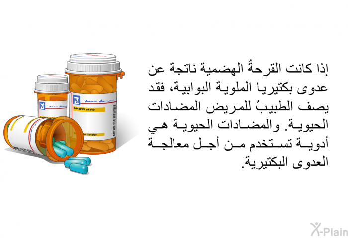إذا كانت القرحةُ الهضمية ناتجة عن عدوى بكتيريا الملوية البوابية، فقد يصف الطبيبُ للمريض المضادات الحيوية. والمضادات الحيوية هي أدوية تستخدم من أجل معالجة العدوى البكتيرية.
