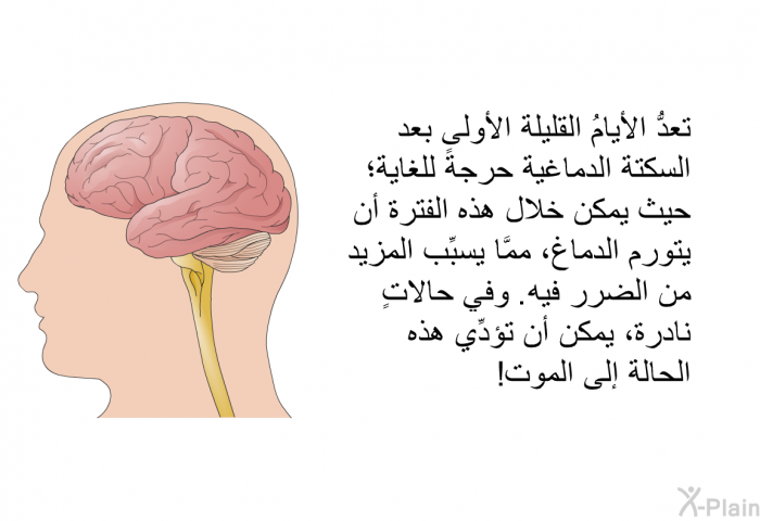 تعدُّ الأيامُ القليلة الأولى بعد السكتة الدماغية حرجةً للغاية؛ حيث يمكن خلال هذه الفترة أن يتورم الدماغ، ممَّا يسبِّب المزيد من الضرر فيه. وفي حالاتٍ نادرة، يمكن أن تؤدِّي هذه الحالة إلى الموت!