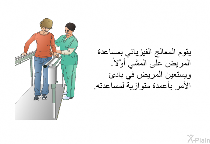 يقوم المعالج الفيزيائي بمساعدة المريض على المشي أوَّلاً. ويستعين المريض في بادئ الأمر بأعمدة متوازية لمساعدته.