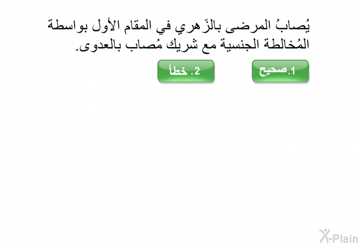 يُصابُ المرضى بالزّهري في المقام الأول بواسطة المُخالطة الجنسية مع شريك مُصاب بالعدوى.